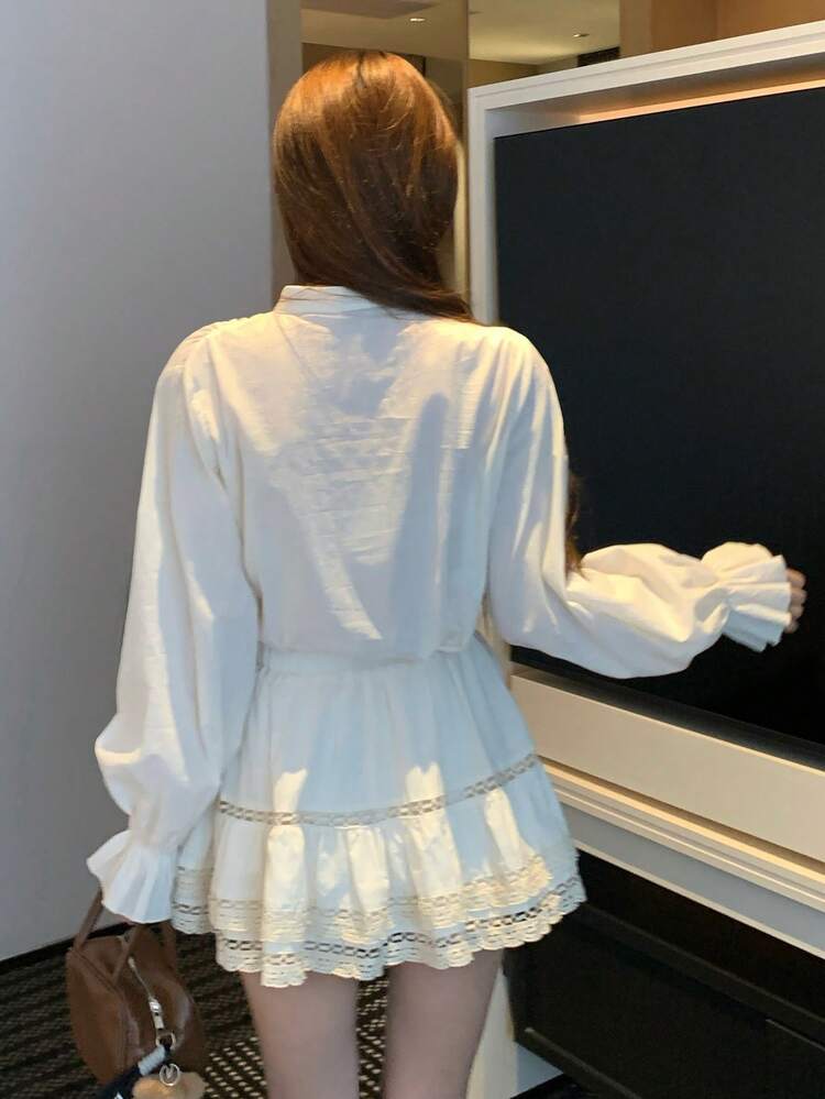 Women's Elegant Stand Collar Ruffle Sleeve Contrast Lace Blouse And Skirt 2-Piece Set, Suitable For Spring, Summer And Autumn, Suitable For Daily Wear And Commuting