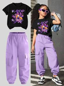 2pcs/Set Girl Group Star Idol Print Short Sleeve Top And Jogger Pants Set, Casual & Fashionable For Girls, Suitable For Spring, Summer, Autumn, Winter - Multicolor - View 1