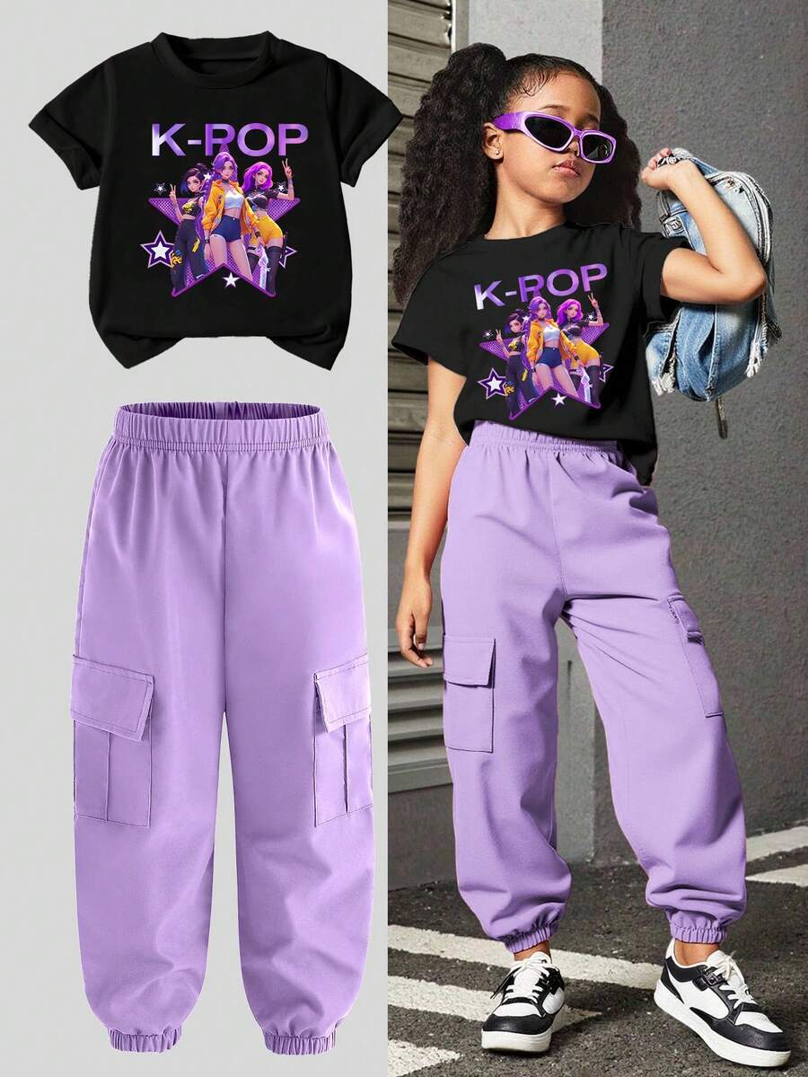 2pcs/Set Girl Group Star Idol Print Short Sleeve Top And Jogger Pants Set, Casual & Fashionable For Girls, Suitable For Spring, Summer, Autumn, Winter - Multicolor - View 1