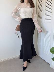 FRIFUL Women's Solid Apricot Sheer Lace Fabric Layered Slim Fit Versatile Blouse - Apricot - View 5