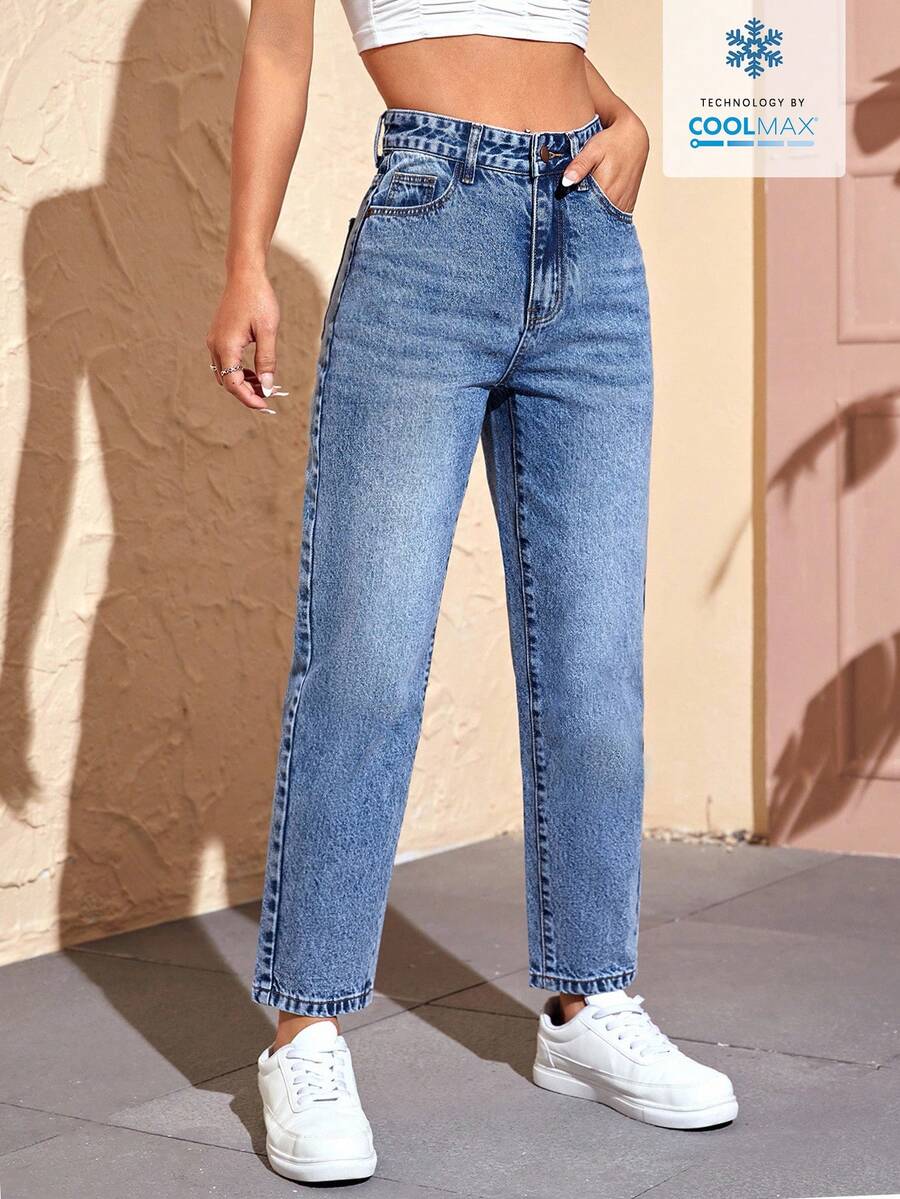 SHEIN PETITE 女士高腰带口袋喇叭宽松休闲牛仔裤 - 藍色 - 查看 1