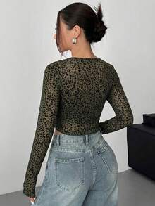 SHEIN EZwear Women's Lightweight Knit Mesh Leopard Print Cardigan, Spring/Summer - Army Green - View 2