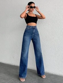 EURMUSE 99%纯棉拉链直筒牛仔裤 - 深色水洗藍 - 查看 4