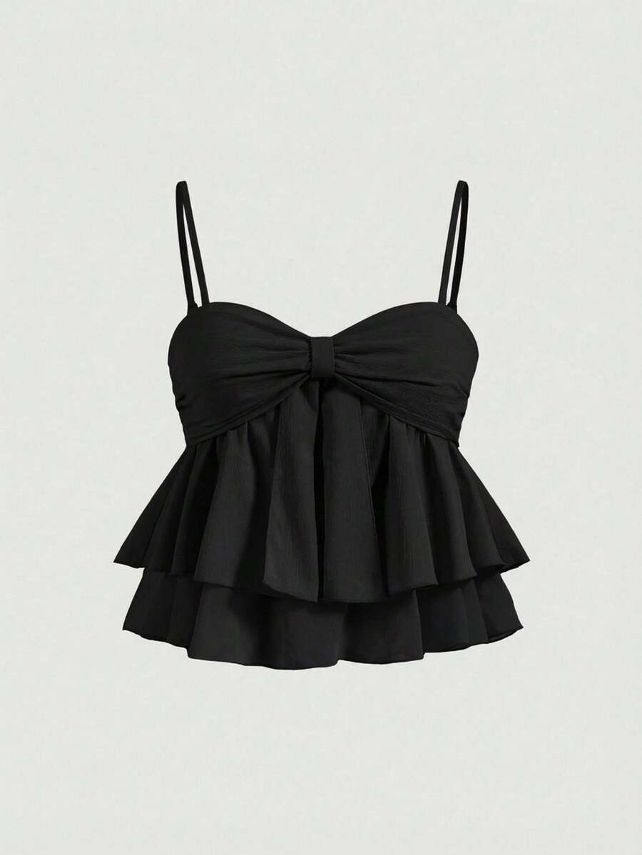 SHEIN MOD Top de tirantes con volantes plisados de color rosa dulce para mujer, top corto de verano - Negro - Ver 1