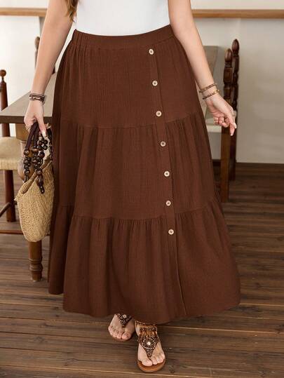 Lacomfia Spring & Summer Casual Elegant Front Button Waist A-Line Loose Versatile Layered Long Skirt, Plus Size