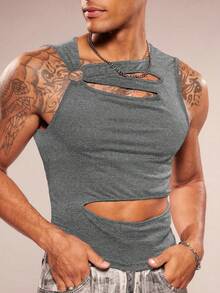 FeverCity Men's Sleeveless Crew Neck Hollow Out Casual Knit Tank Top, Spring/Summer - Light Grey - View 5