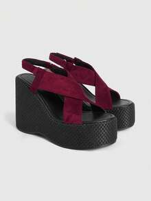 Sugerpunk Women's Thick Sole Sandals, Open Toe Platform Wedge Heels, Fashion Shoes - Burgundy - View 6