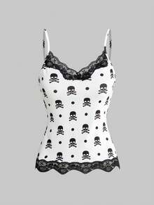 ROMWE Y2K 复古音符和钢琴键盘印花紧身蕾丝边吊带背心三件套 - 彩色 - 查看 8