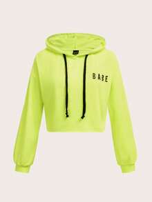 SHEIN EZwear Neon Lime Letter Graphic Drawstring Hoodie,Long Sleeve Tops In Fall/Winter - Lime Green - View 1
