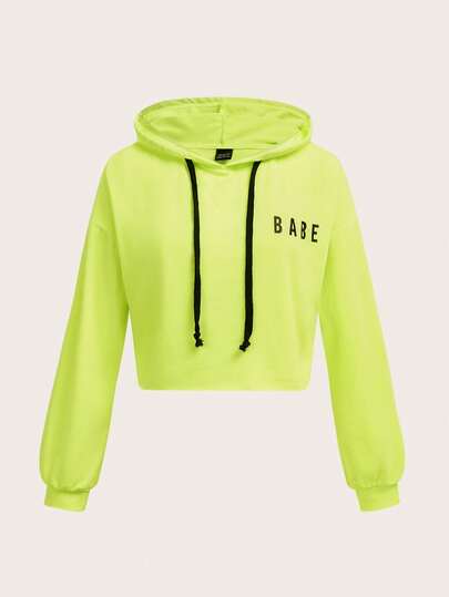 SHEIN EZwear Neon Lime Letter Graphic Drawstring Hoodie,Long Sleeve Tops In Fall/Winter