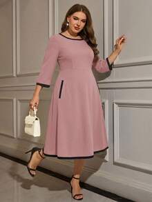 EMERY ROSE Robe ample à manches longues, col rond, style blocs de couleurs, pour femmes grandes tailles. Convient pour les sorties et les fêtes - Rose bonbon - Voir 7