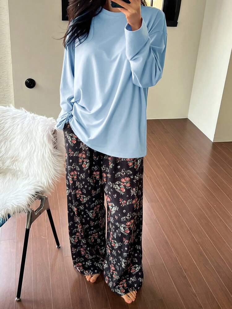 2pcs Loose Solid Color Long Sleeve T-Shirt & Floral Print Straight Leg Long Pajama Pants Set, Women Spring Sleepwear