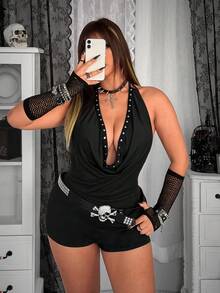 Whyspr 吊带铆钉性感短款针织连体裤 - 黑色 - 查看 5