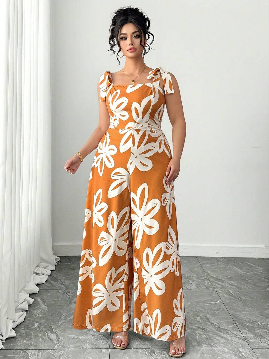 Elenzga Bộ jumpsuit in hoa màu vàng, phong cách thời trang mùa xuân hè, thoải mái, kiểu Pháp cổ điển, thanh lịch, thích hợp đi làm, thắt nơ eo. - Màu vàng - Xem 1