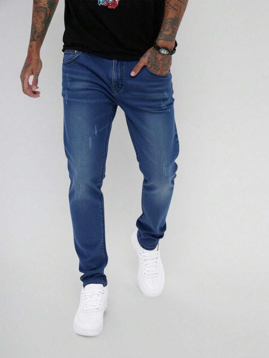 Manfinity Homme Jeans ajustados elásticos versátiles y casuales para hombres, aptos para todas las estaciones - Azul lavado oscuro - Ver 1