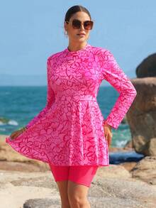 Swim Shayni Plus Size Summer Vacation Floral Print Long Sleeve Top And Burkini Swimwear Set - Multicolor - View 6