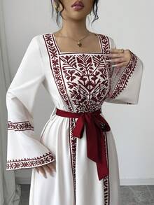 Yasmyna 女士优雅方领喇叭袖收腰复古连衣裙 - 酒紅色 - 查看 5