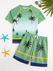 2件套青少年男童椰子树印花泳装套装,兄弟姐妹配套服装(单独出售) - 墨綠色 - 查看 4
