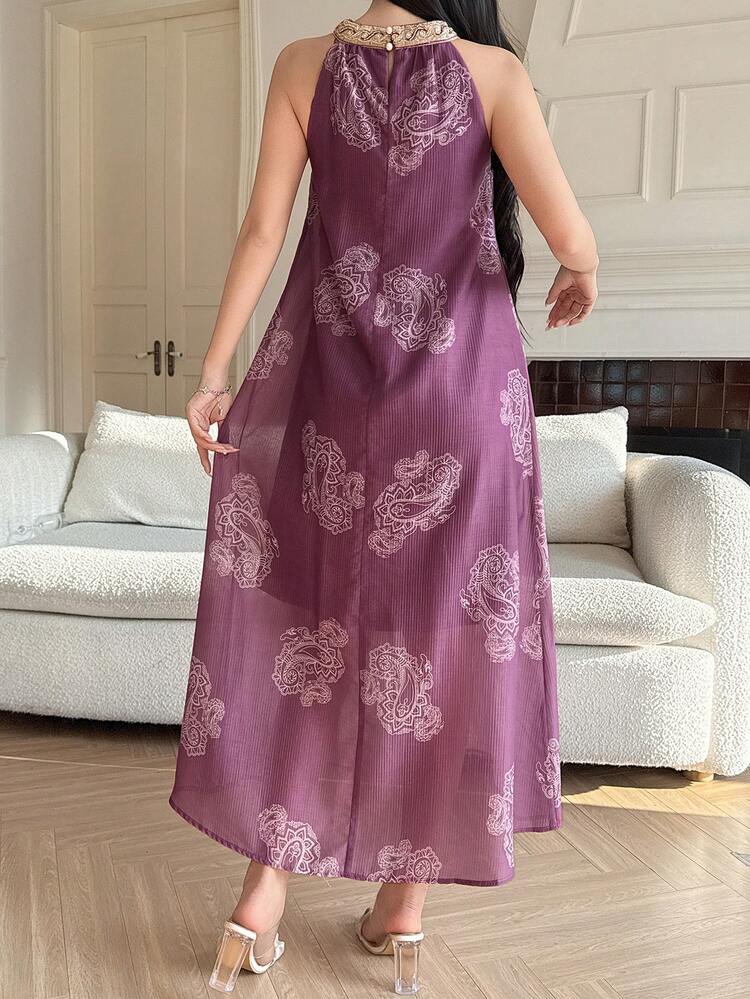 Women's Elegant Floral Patchwork Sleeveless Midi Dress, Summer