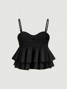 SHEIN MOD Top de tirantes con volantes plisados de color rosa dulce para mujer, top corto de verano - Negro - Ver 2