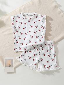 SHEIN 2件套女婴0-3岁春夏休闲日常度假针织黑白条纹荷叶袖圆领T恤短裤套装 - 白色 - 查看 2