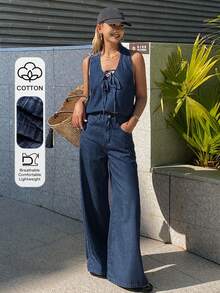 DAZY 女士吊带条纹牛仔上衣和宽松直筒裤，度假风牛仔套装 - 深色水洗藍 - 查看 1