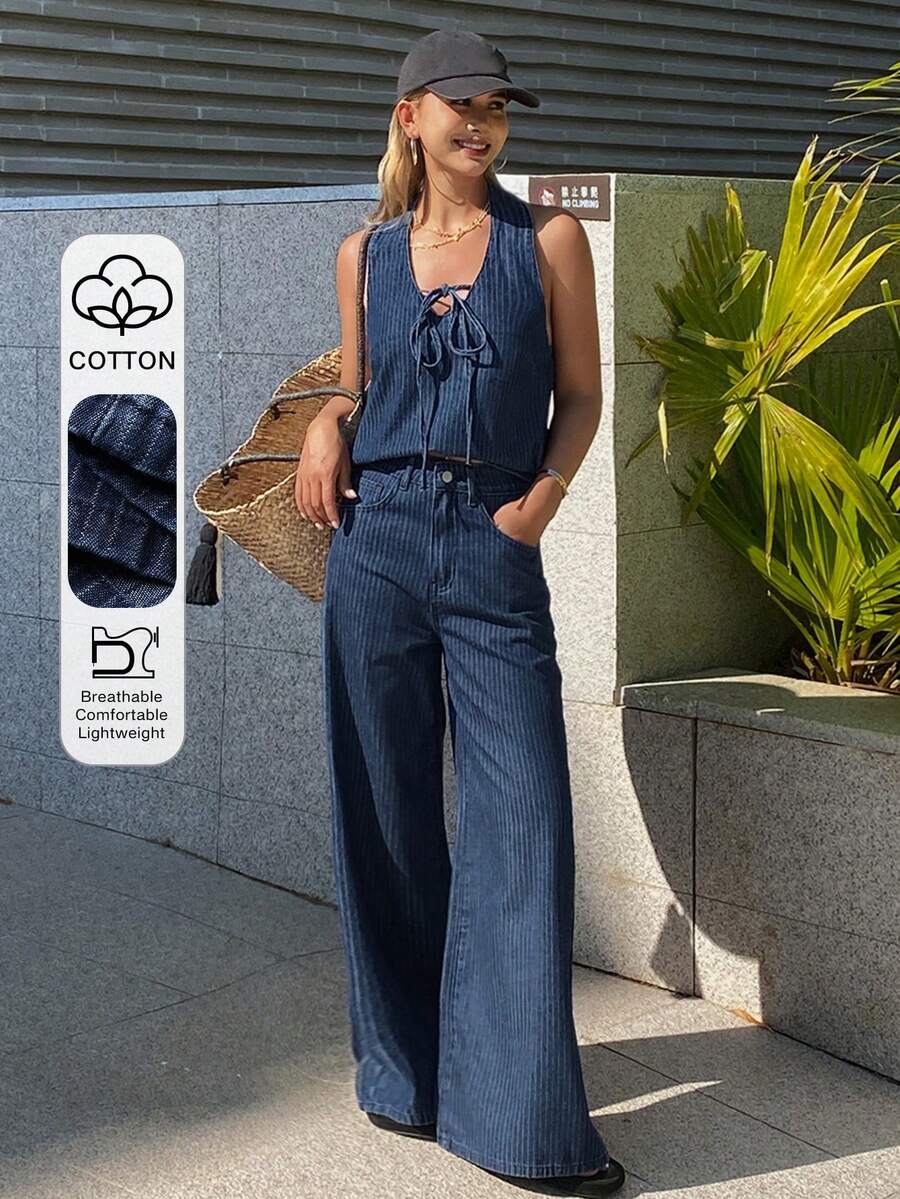 DAZY 女士吊带条纹牛仔上衣和宽松直筒裤，度假风牛仔套装 - 深色水洗藍 - 查看 1