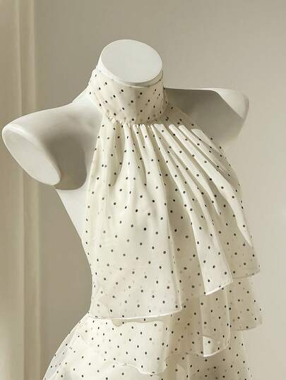 Elamini Áo sơ mi nữ mùa xuân hè kiểu dáng thường ngày, chất liệu chiffon xếp tầng, họa tiết chấm bi, thắt eo, tôn dáng, thích hợp cho đi biển.