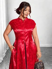 Cravure Plus Size New Chinese Style Celebratory Mandarin Collar Split Hem Long Qipao Dress,Elegant Red Summer Curve Party Cheongsam Robe Top - Red - View 1