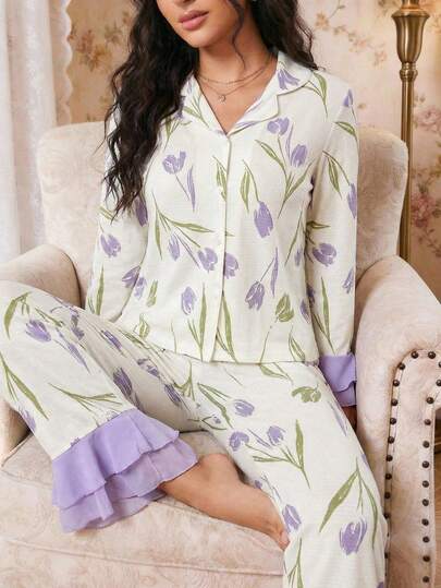 Modelyn 花卉印花喇叭袖荷叶边下摆睡衣套装/节日睡衣套装，繁花似锦，秋冬舒适优雅细节