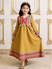 Spring/Summer New Young Girl Retro Print Patchwork Fringe Trim V-Neck Long Sleeve Loose Flare Dress With Crossbody Bag - Yellow - View 5