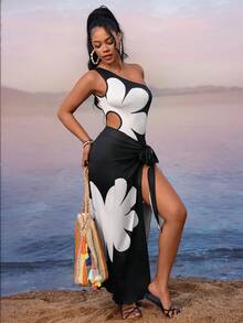 Lureya 女士时尚印花镂空系带褶皱连体裤，扭结腰带设计，青春魅力性感日常穿着，适合春夏晚宴、派对、海滩度假、节假日穿着。 - 彩色 - 查看 2