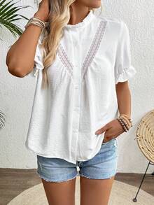 SHEIN LUNE Women's White Lace Patchwork Frill Trim Short Sleeve Blouse, Spring/Summer - White - View 5