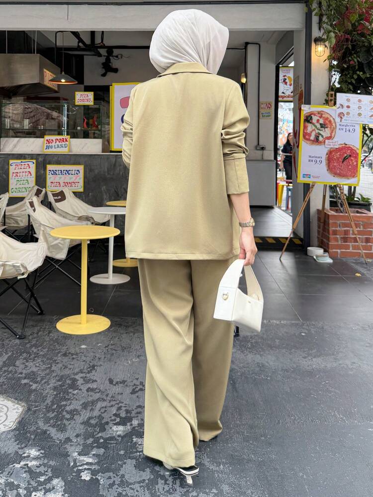 Women's Casual Solid Color Blazer Jacket And Wide Leg Pants Suit, Spring & Summer