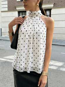 Pariaura Women's 2026 Y2K Aesthetic Polka Dot Halter Neck Top Sleeveless Lightweight Chiffon Cropped Blouse With Tie Back Detail Cute Feminine Summer Vacation Casual Daily Wear - White - View 4