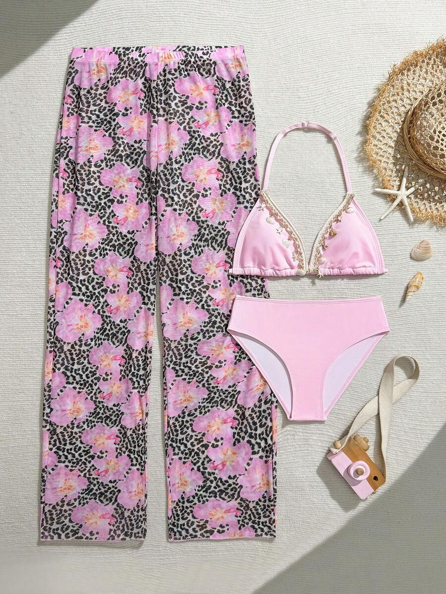 SHEIN 少女三件套比基尼：休闲粉色条纹露脐上衣，豹纹粉色泳裤，挂脖式，贝壳装饰。时尚优雅，适合游泳、夏季度假、海滩、泳池、节日派对。黑色和粉色花朵两件套泳衣，少女两件套比基尼，黑色和粉色花朵比基尼套装，粉色花朵比基尼套装