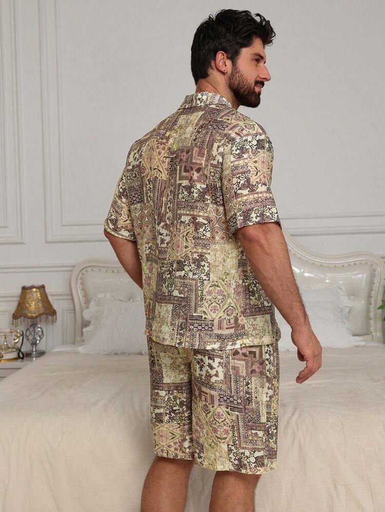 Men's Floral Print Short Sleeve Top And Shorts Pajama Set, Summer