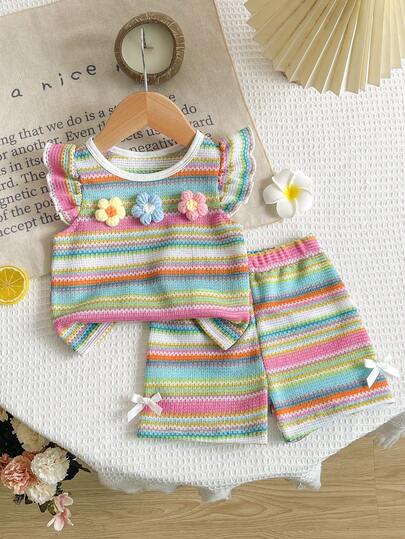 SHEIN 女婴条纹印花荷叶边花卉装饰T恤和短裤休闲套装