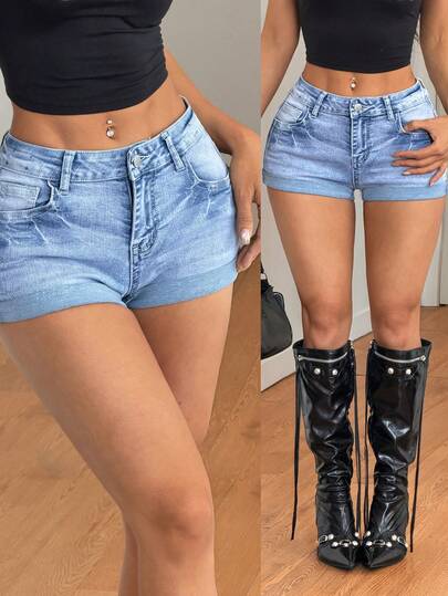 SHEIN PETITE Summer PETITE Women's Casual Everyday Sexy Summer Vacation Outfits For Women Pocket Hand Needle Wash Design Pocketed Button Turn-Up Hem Design Blue Denim Shorts