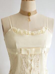 ROMWE Fairycore Women's Vintage Romantic Palace Style Satin & Lace Patchwork Sexy Camisole - Apricot - View 4