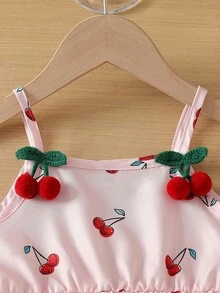 Elladie kids Bộ đồ thời trang vải mềm mại mùa hè 2026 dành cho bé gái, đồ cần thiết cho kỳ nghỉ hè 2026, gồm áo hai dây in kỹ thuật số họa tiết quả anh đào và quần short rộng màu trơn, phù hợp cho mặc hàng ngày, đi biển và đi nghỉ mát. - Hồng - Xem 5