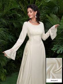 Al Najma Jacquard Patchwork Tie-Up Design Waist Cinched Round Neck Flare Sleeve Elegant Party Dress - Apricot - View 4