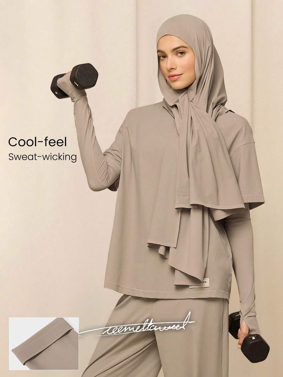 GLOWMODE X Reem Modest Power Palms Cooling Quick-Dry Sun-Proof Anti-Slip Cuff Grips Reflective Logo Thumbholes Fitted Arm Sleeves Training Gym Studio Daily Active Wear - Khaki - View 1