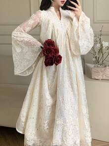 DAZY Women's Elegant Rhinestone Lace Dress With Stand Collar, Suitable For Formal Occasions Sundress - Beige - View 3