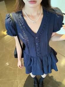 DAZY Women's Solid Color V-Neck Layered Elegant Mid-Length Dress Summer Sundress - Navy Blue - View 6