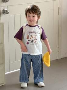 DAZY 男婴夏季亚麻竖条纹休闲宽松轻盈透气裤 - 藍色 - 查看 11