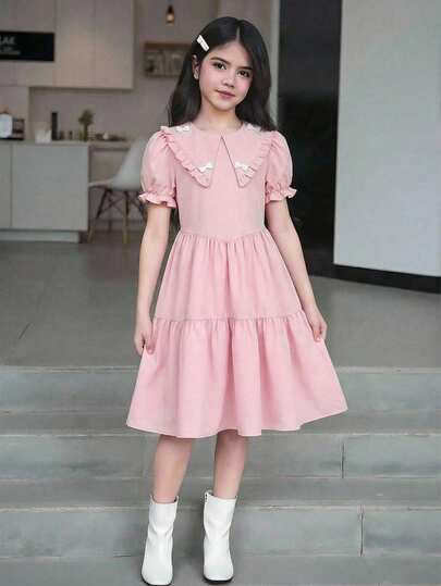 SHEIN Tween Girl Solid Color Ruffle Hem Bow Decor Elegant Short Sleeve Dress