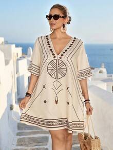 Linhara CURVE Vestido de vacaciones de manga corta con cuello en V y estampado geométrico para mujer de talla grande - Albaricoque - Ver 6