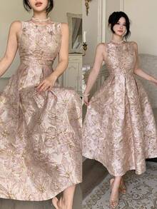 DAZY 女士优雅印花无袖中长连衣裙，夏季婚礼宾客礼服 - 粉色 - 查看 12