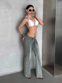 SHEIN Tall Quần ống loe cạp thấp thời trang đính đinh tán, phối nhiều mảnh, kiểu vintage, đã qua xử lý giặt. - Rửa trung bình - Xem 4